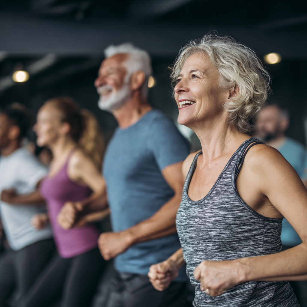 mature adults engaged in group fitness training session